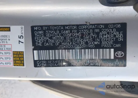 2008 Toyota Prius Standard/Touring from USA, damaged, VIN JTDKB20U083391985